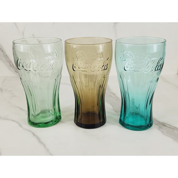 Coca Cola Libbey Drinking Glasses 17oz Embossed 6" Retro Green Blue Brown x3 - Picture 1 of 13